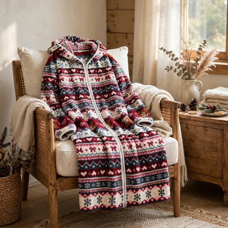Ownkoti Christmas Snowflake & Bear Zip Hooded Fleece Robe - image 5