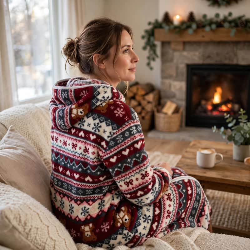 Ownkoti Christmas Snowflake & Bear Zip Hooded Fleece Robe - image 2