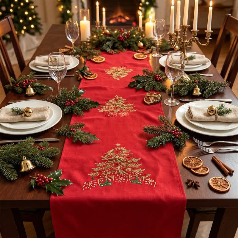 Ownkoti Red Embroidered Christmas Tree Table Runner - image 1