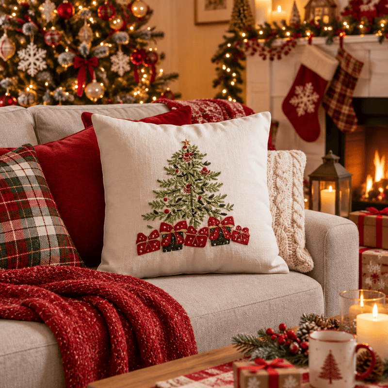 Ownkoti Christmas Tree Gift Box Pillow Cover - Beige - 16" x 16" - image 4