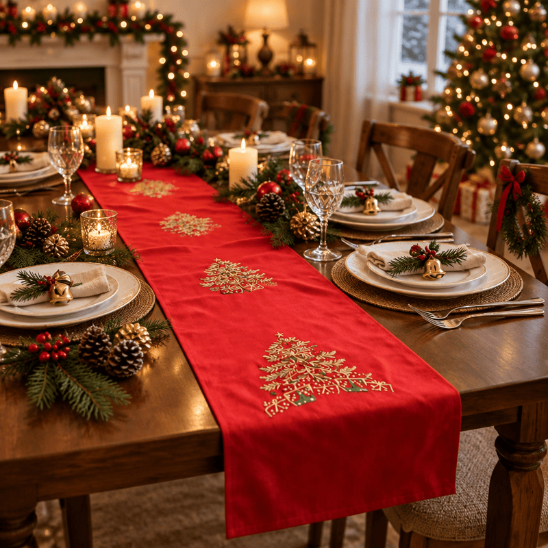 Ownkoti Red Embroidered Christmas Tree Table Runner - Red - 16" x 71" - image 0