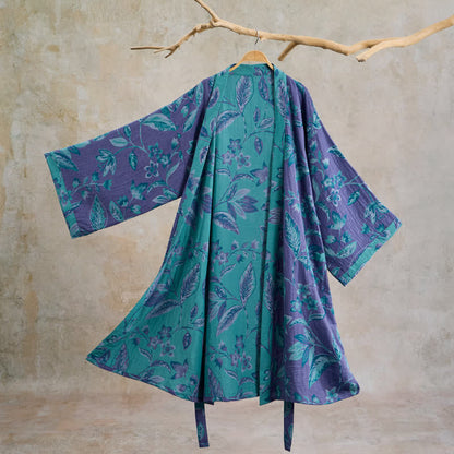 Ownkoti Blue & Purple Leaf Cotton Kimono Robe - Purple - XL - image 7