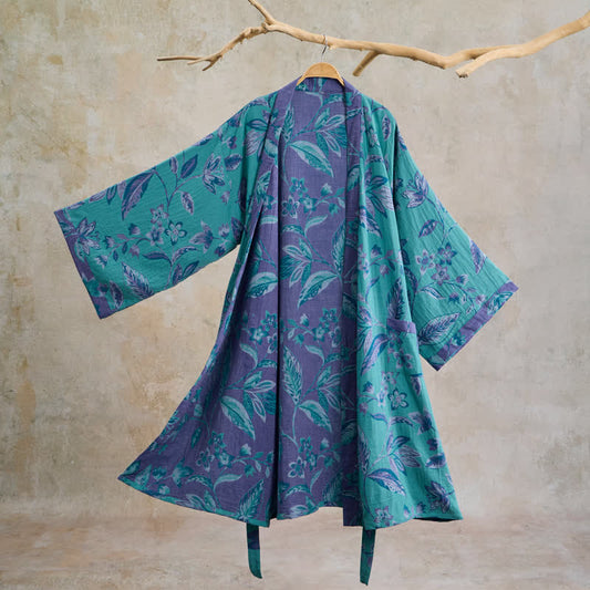 Ownkoti Blue & Purple Leaf Cotton Kimono Robe - Blue - XL - image 0