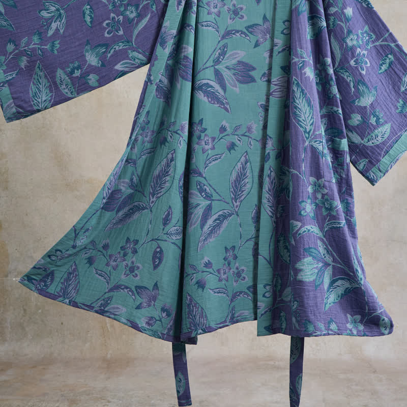 Ownkoti Blue & Purple Leaf Cotton Kimono Robe - image 12