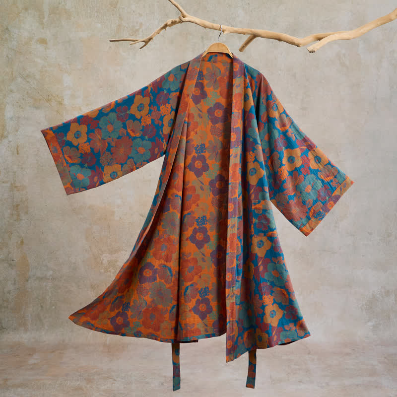 Ownkoti Vintage Flower Cotton Kimono Robe - Blue - XL - image 7