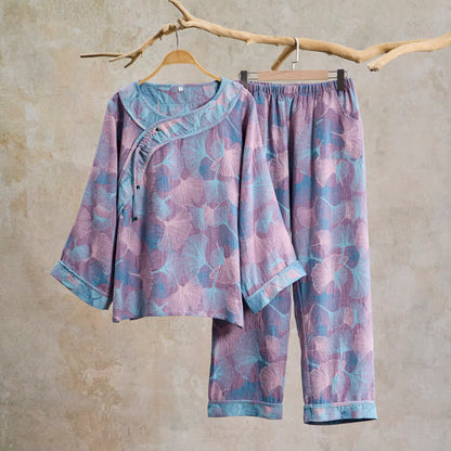 Ownkoti Chinese Style Ginkgo Leaf Pajama Set - Purple - XXL - image 6