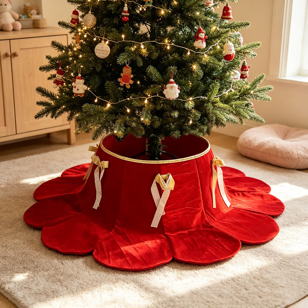 Ownkoti Velvet Christmas Tree Collar with Petal Skirt - Red - 4PCS - 37" Base x 16" Top x 8"H - image 0