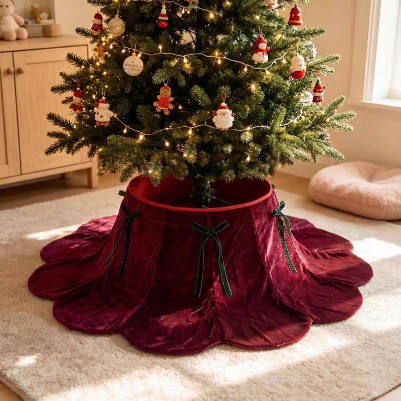 Ownkoti Velvet Christmas Tree Collar with Petal Skirt - Wine - 4PCS - 37" Base x 16" Top x 8"H - image 6