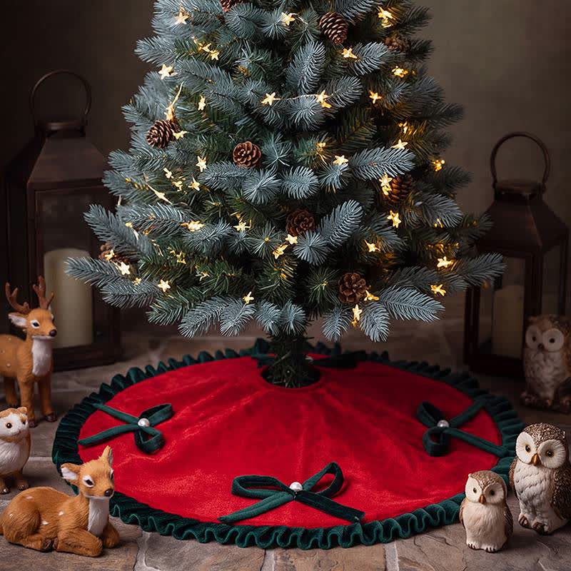 Ownkoti Christmas Tree Skirt with Pearl Bow Accents - Red - 6PCS - 19" - image 1