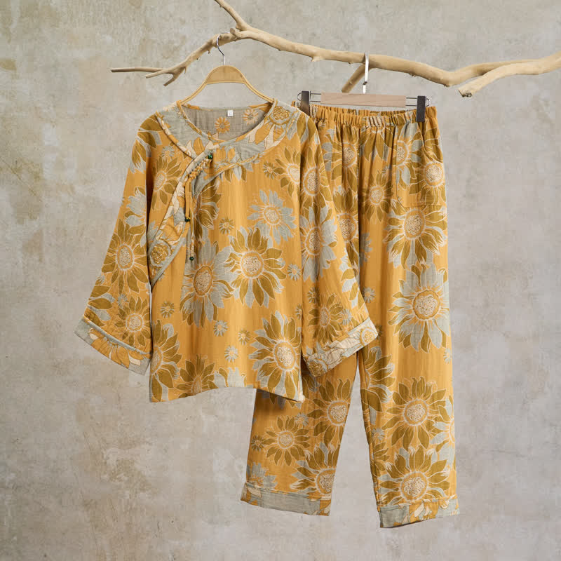 Ownkoti Oriental Sunflower Cotton Pajama Set - Orange - XXL - image 0