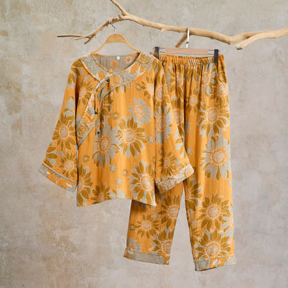 Ownkoti Oriental Sunflower Cotton Pajama Set - Orange - XXL - image 0