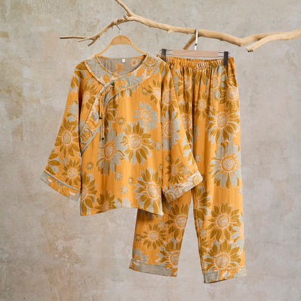 Ownkoti Oriental Sunflower Cotton Pajama Set - Orange - XXL - image 0