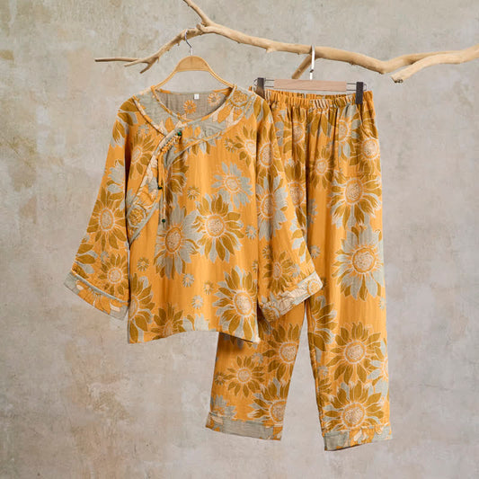 Ownkoti Oriental Sunflower Cotton Pajama Set - Orange - XXL - image 0