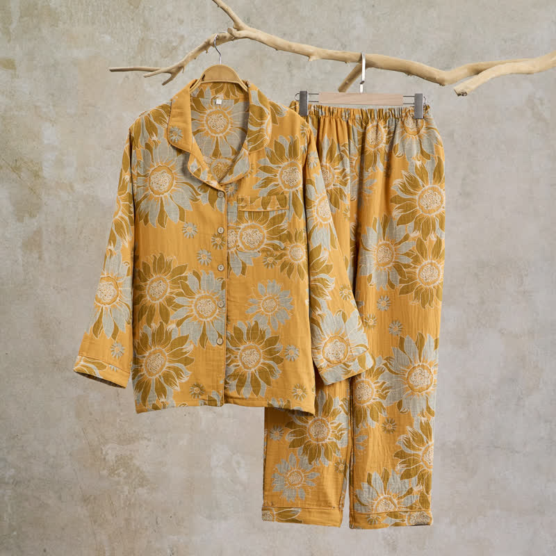 Ownkoti Retro Sunflower Cotton Loungewear Pajama Set - Orange - XL - image 0