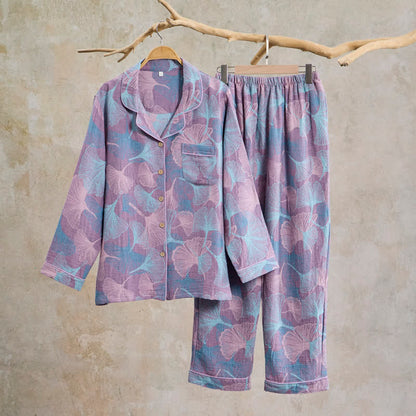 Ownkoti Ginkgo Leaf Cotton Notched‑Collar Loungewear Set - Purple - XL - image 10