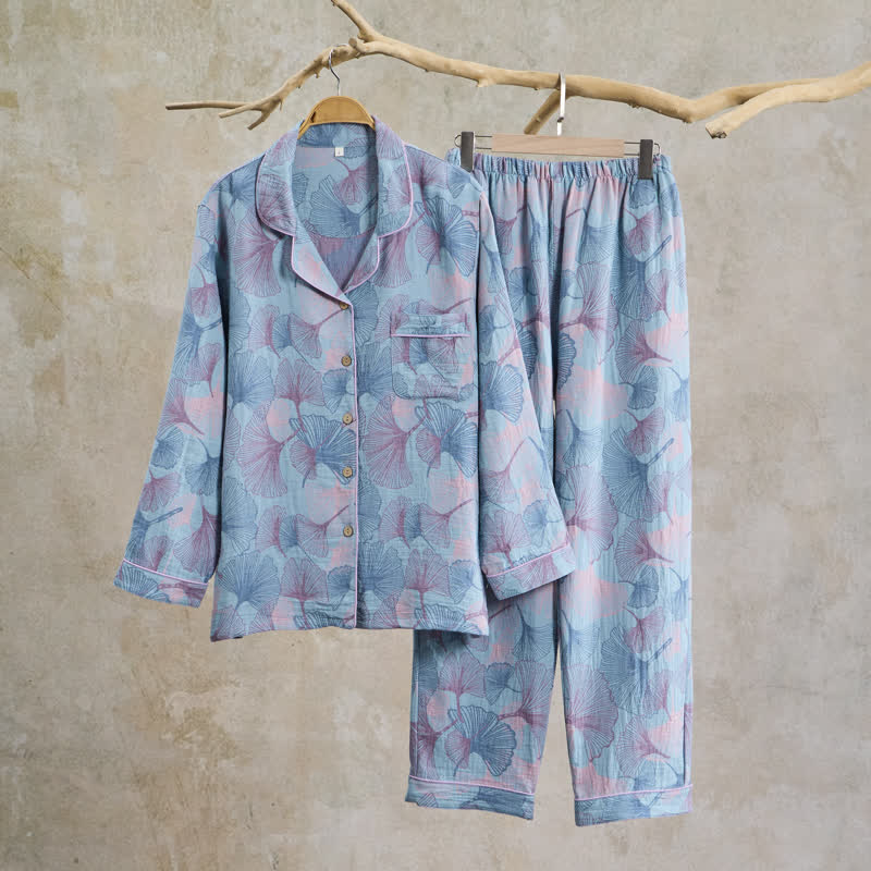Ownkoti Ginkgo Leaf Cotton Notched‑Collar Loungewear Set - Blue - XL - image 0