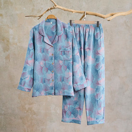 Ownkoti Ginkgo Leaf Cotton Notched‑Collar Loungewear Set - Blue - XL - image 0