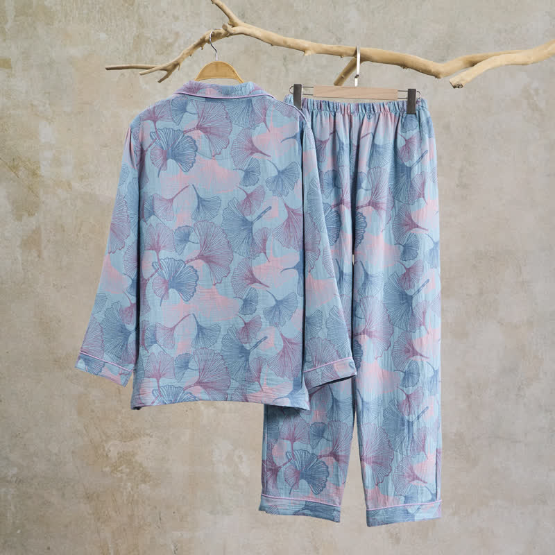 Ownkoti Ginkgo Leaf Cotton Notched‑Collar Loungewear Set - image 1