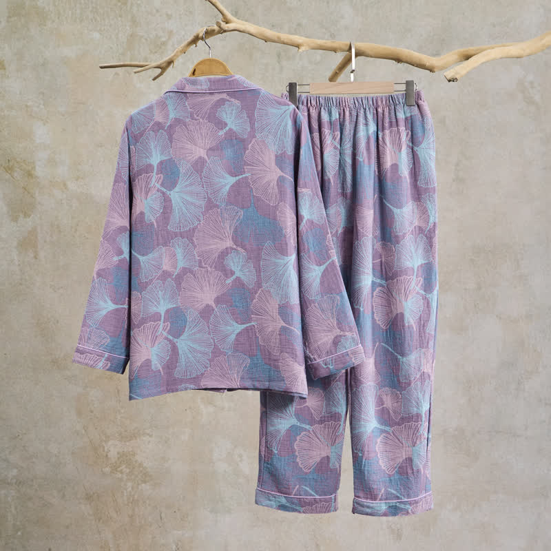 Ownkoti Ginkgo Leaf Cotton Notched‑Collar Loungewear Set - image 11