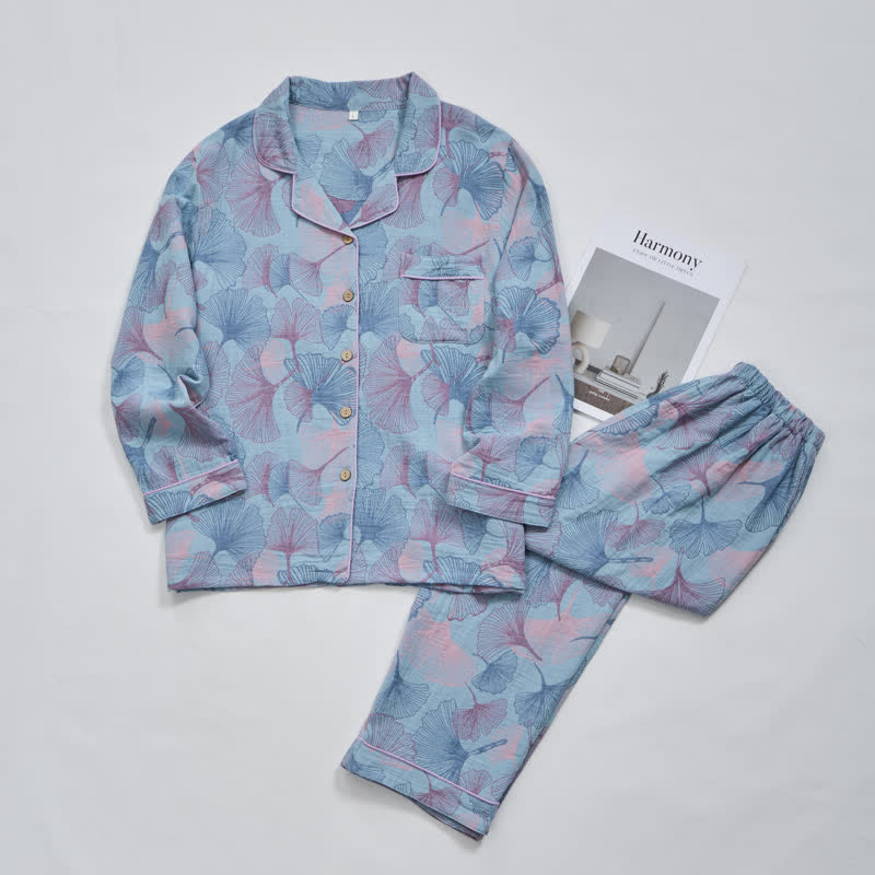 Ownkoti Ginkgo Leaf Cotton Notched‑Collar Loungewear Set - image 9