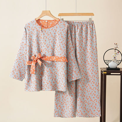 Ownkoti Folk Floral Cotton Gauze Homewear Set - Orange - XXL - image 0