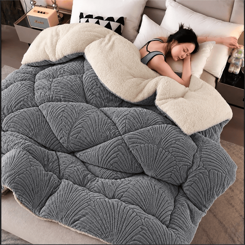 Ownkoti Sherpa Jacquard Ginkgo Leaf  Blanket with Quilt Core - Gray - Queen - image 16