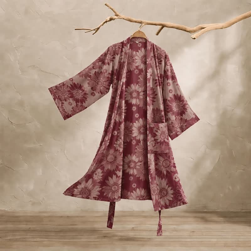 Ownkoti Vintage Sunflower Cotton Kimono Bathrobe - Beige - XL - image 19