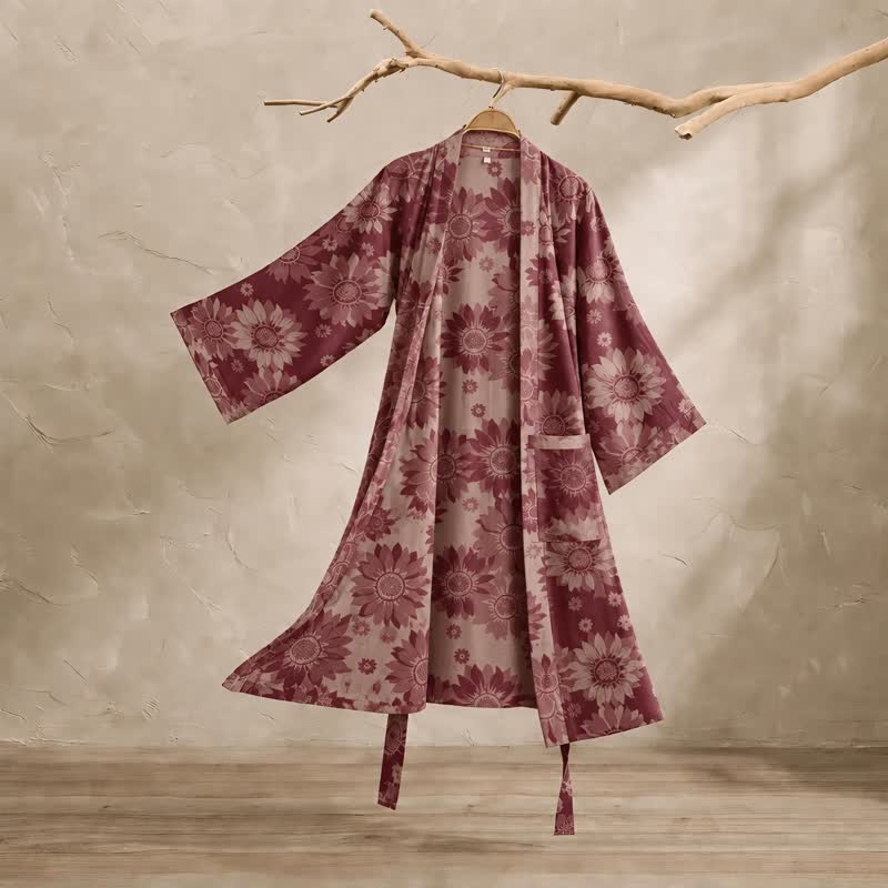 Ownkoti Vintage Sunflower Cotton Kimono Bathrobe - Red - XL - image 14