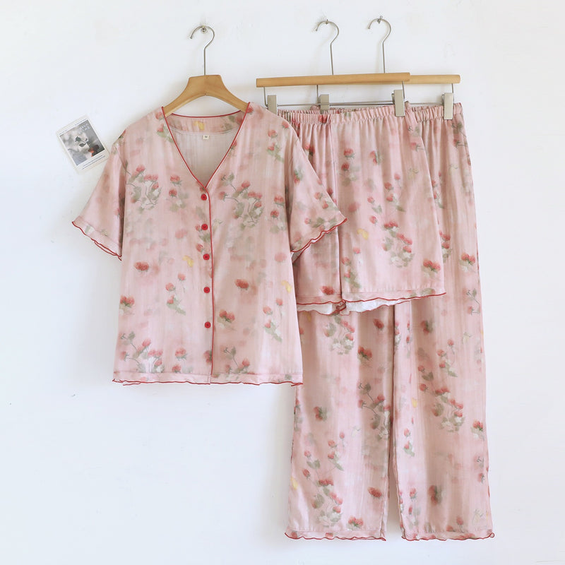 Ownkoti Sweet Berry Print Gauze Loungewear Set（3pcs） - LightPink - XL - image 0