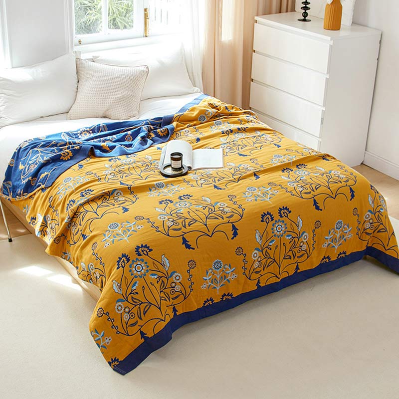 Ownkoti Dianthus Flower Cotton Gauze Reversible Quilt - Yellow - Queen - image 1