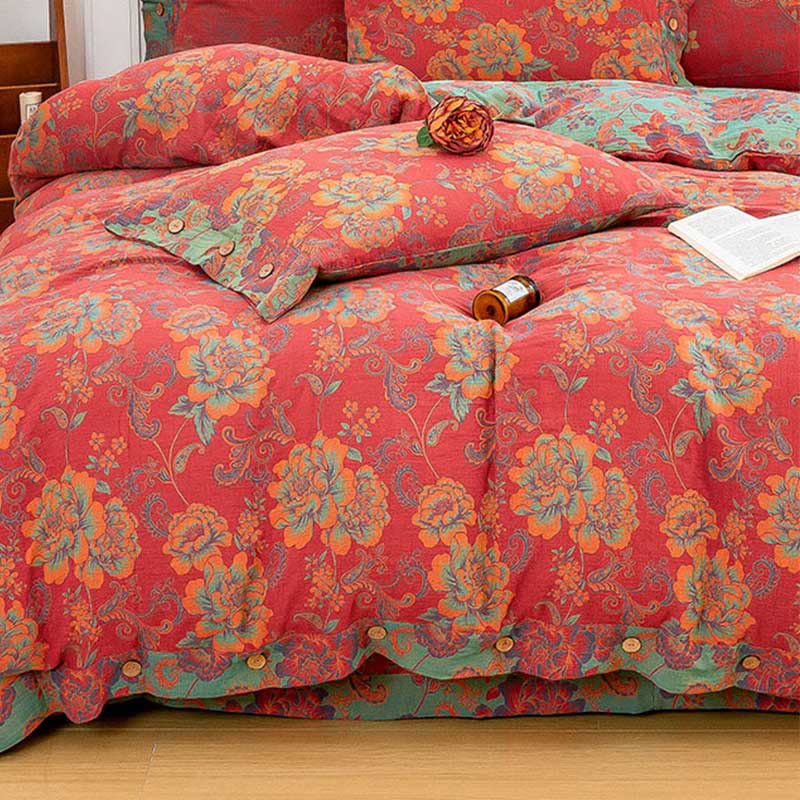 Flower Print Red Cotton Bedding Sets(4PCS) - image 9