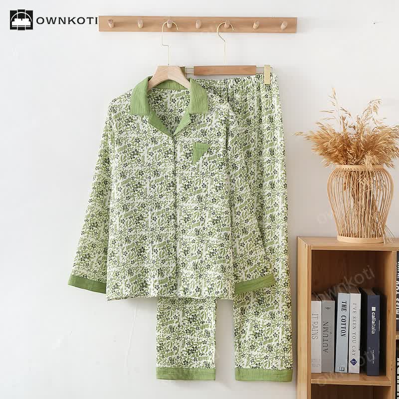 Ownkoti Pastoral Style Floral Cotton Loungewear Set - Green - XL - image 0