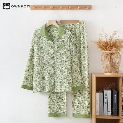 Ownkoti Pastoral Style Floral Cotton Loungewear Set - Green - XL - image 0