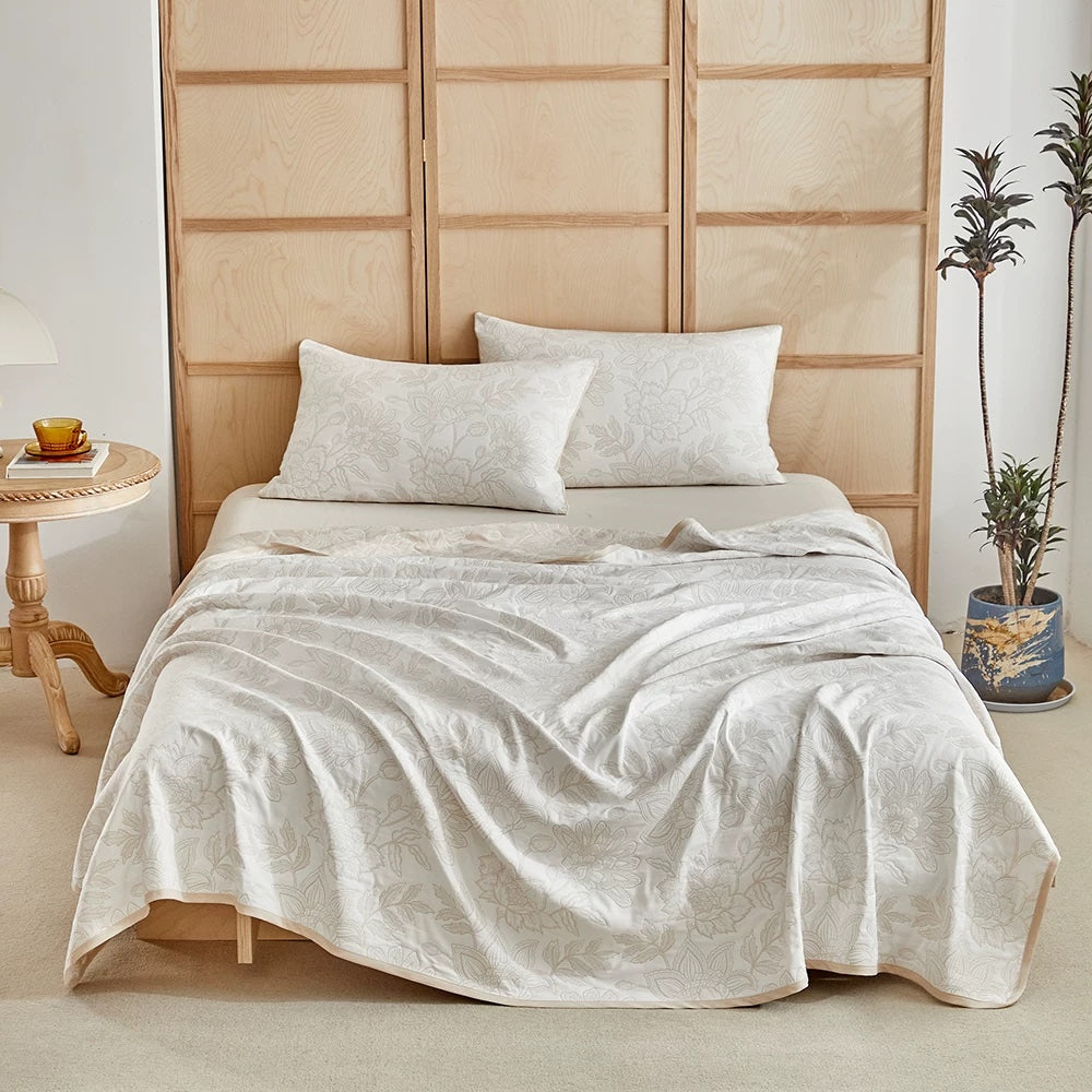 Ownkoti Elegant Cotton Peony Jacquard Bedding Set - Beige - Quilt with 2pcs pillowcases - King - image 0