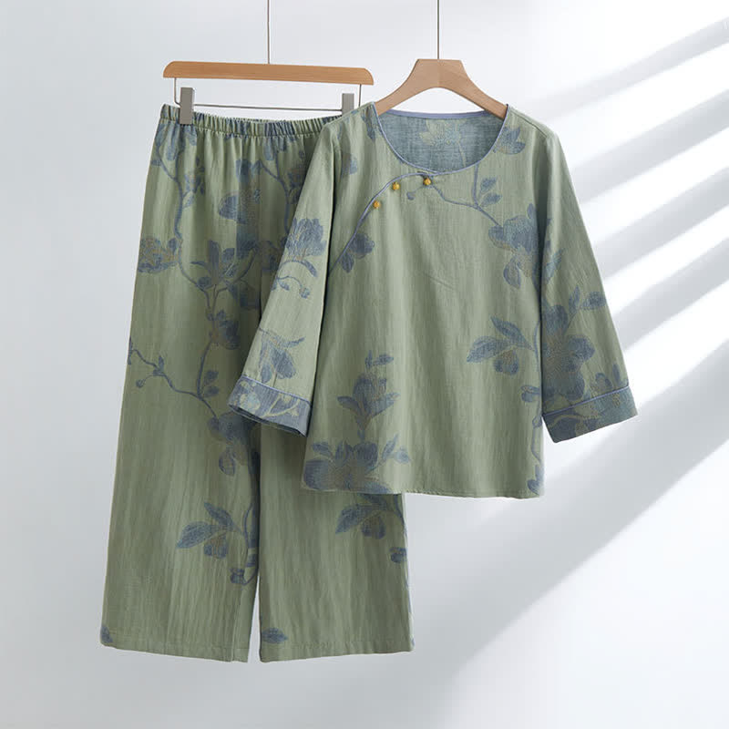Ownkoti Floral Comfy Cotton Round-neck Loungewear Set - Green - XL - image 0