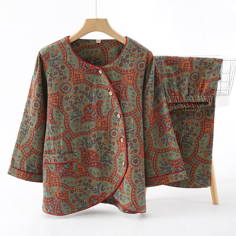 Vintage Jacquard Round Neck Loungewear Set - Green&Orange - XL - image 1