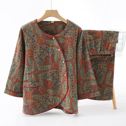 Vintage Jacquard Round Neck Loungewear Set - Green&Orange - XL - image 1