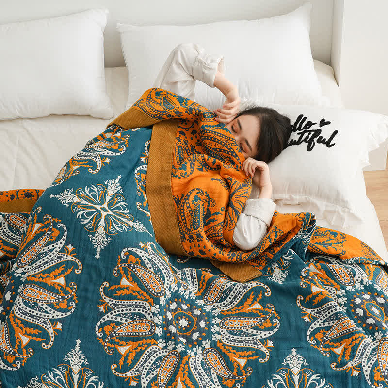 Ownkoti Flower Cotton Gauze Quilt Reversible Blanket - Blue - King - image 8