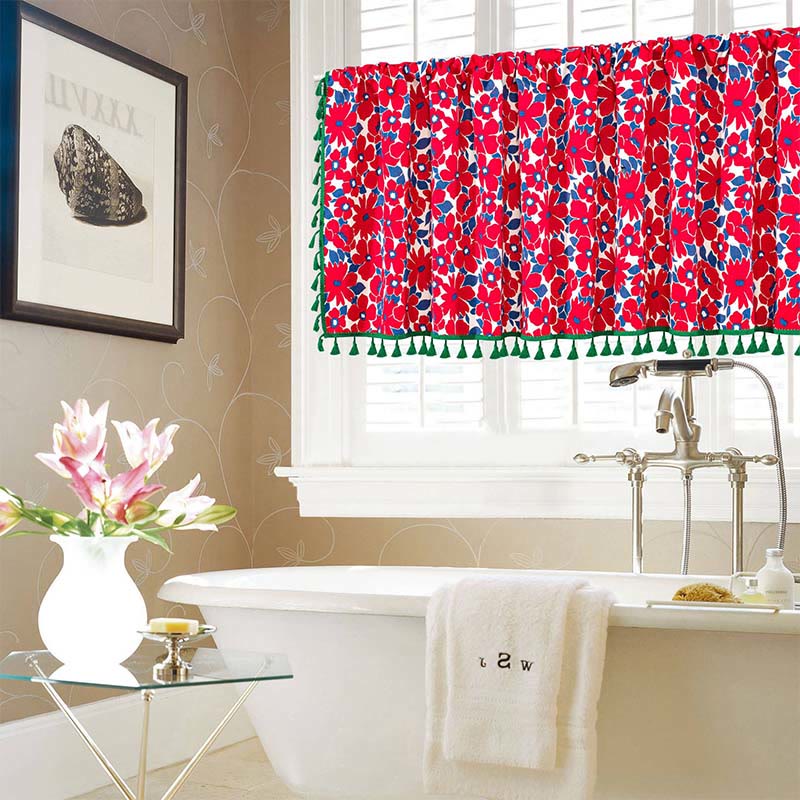 Ownkoti Red Flower Print Tassel Tier Curtain - image 4