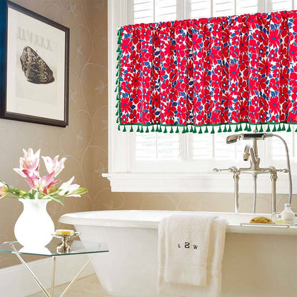 Ownkoti Red Flower Print Tassel Tier Curtain - image 4