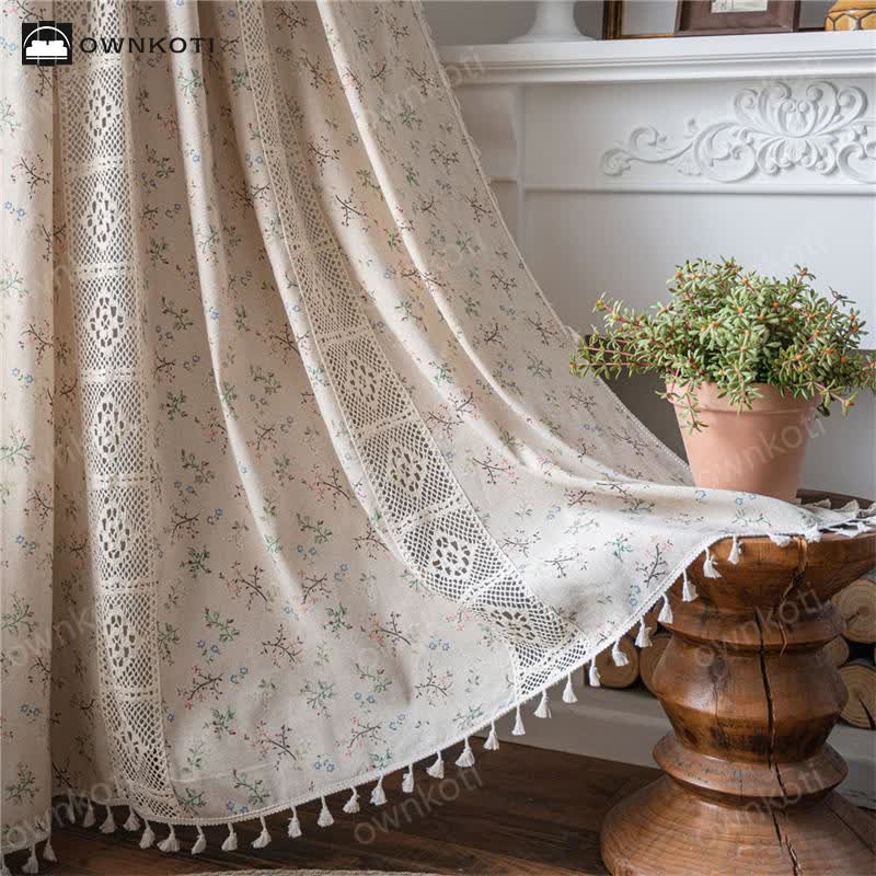 Ownkoti Floral Plaid Splicing Light Filtering Tassel Curtain - Rod Pocket - 59"W x 102"L - image 0