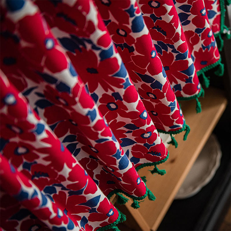 Ownkoti Red Flower Print Tassel Tier Curtain - image 6