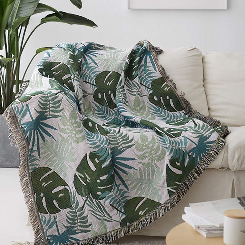 Ownkoti Palm Pattern Sofa Cover Tassel Blanket - As Picture - 71" x 134" - image 1