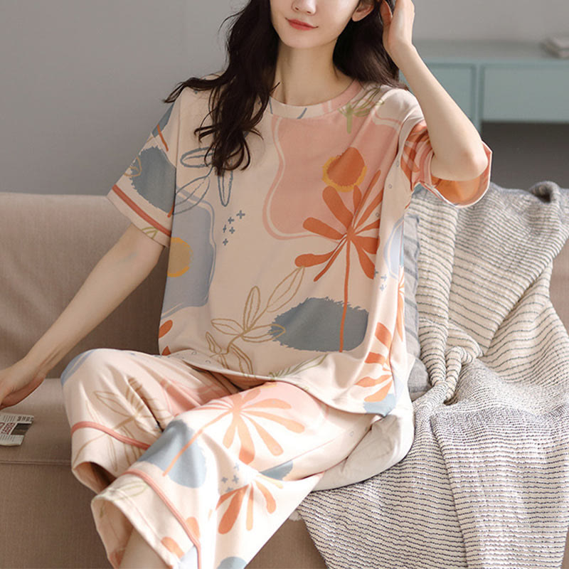 Ownkoti Flower Leaf Print Cotton Loungewear Set - Beige - 2XL - image 0