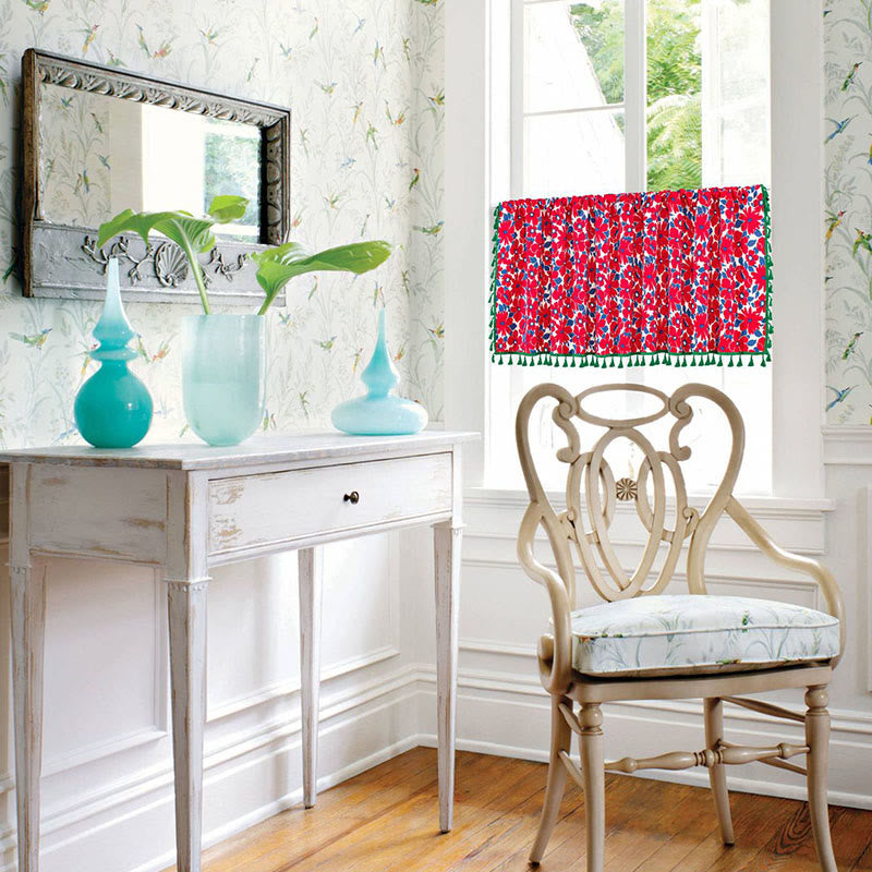 Ownkoti Red Flower Print Tassel Tier Curtain - image 2