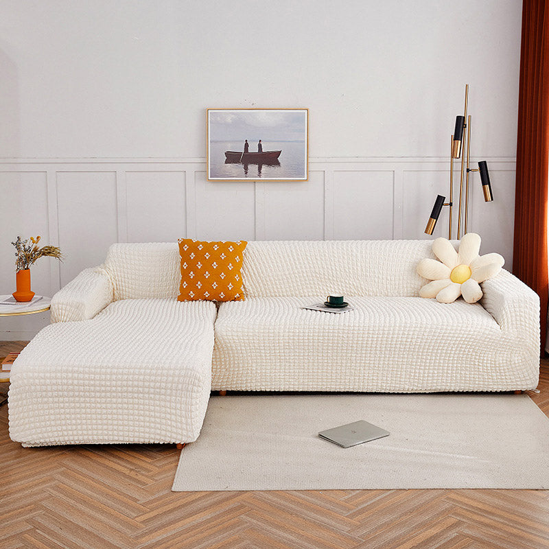 Ownkoti Pure Color Seersucker Stretchable Sofa Cover - White - 2-Seater 57" - 72" (145cm -185 cm) - image 1