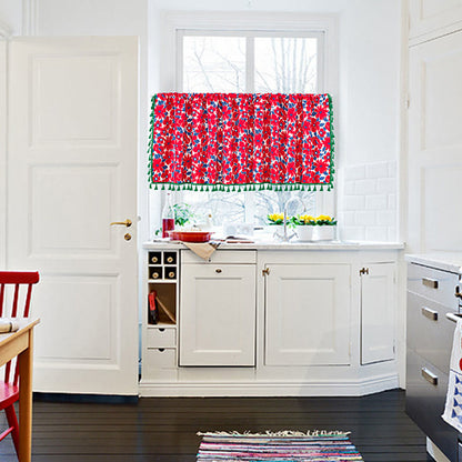 Ownkoti Red Flower Print Tassel Tier Curtain - image 1