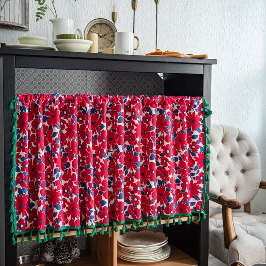 Ownkoti Red Flower Print Tassel Tier Curtain - image 0