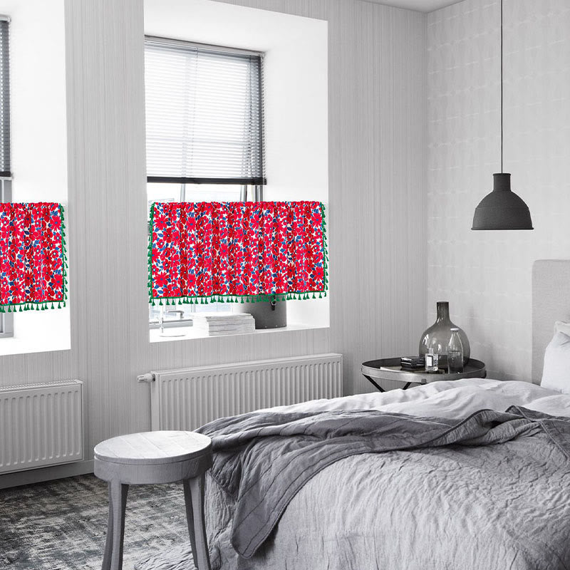 Ownkoti Red Flower Print Tassel Tier Curtain - image 3