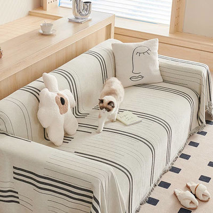 Ownkoti Straight Stripe Chenille Tassel Sofa Protector